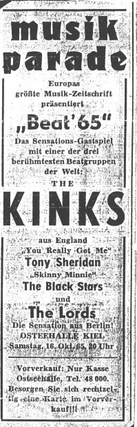 Add for 'Beat 65' in the 'Schleswiger Nachrichte' (7the October 1965), picture: archives Frank Mootz